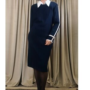 Vintage St. John Elegant Knitted Navy Blue Dress with White Accents